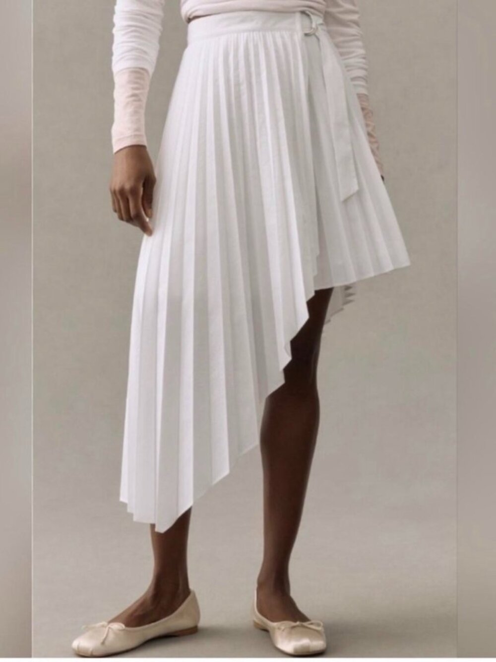 Maeve Asymmetric Pleated Wrap Skirt Cotton Lined Lightweight Buckle White NWT 6